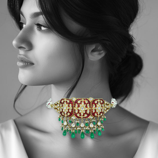 Rectangular Polki Choker with Red Talaf, Emerald, and Pearl Drops